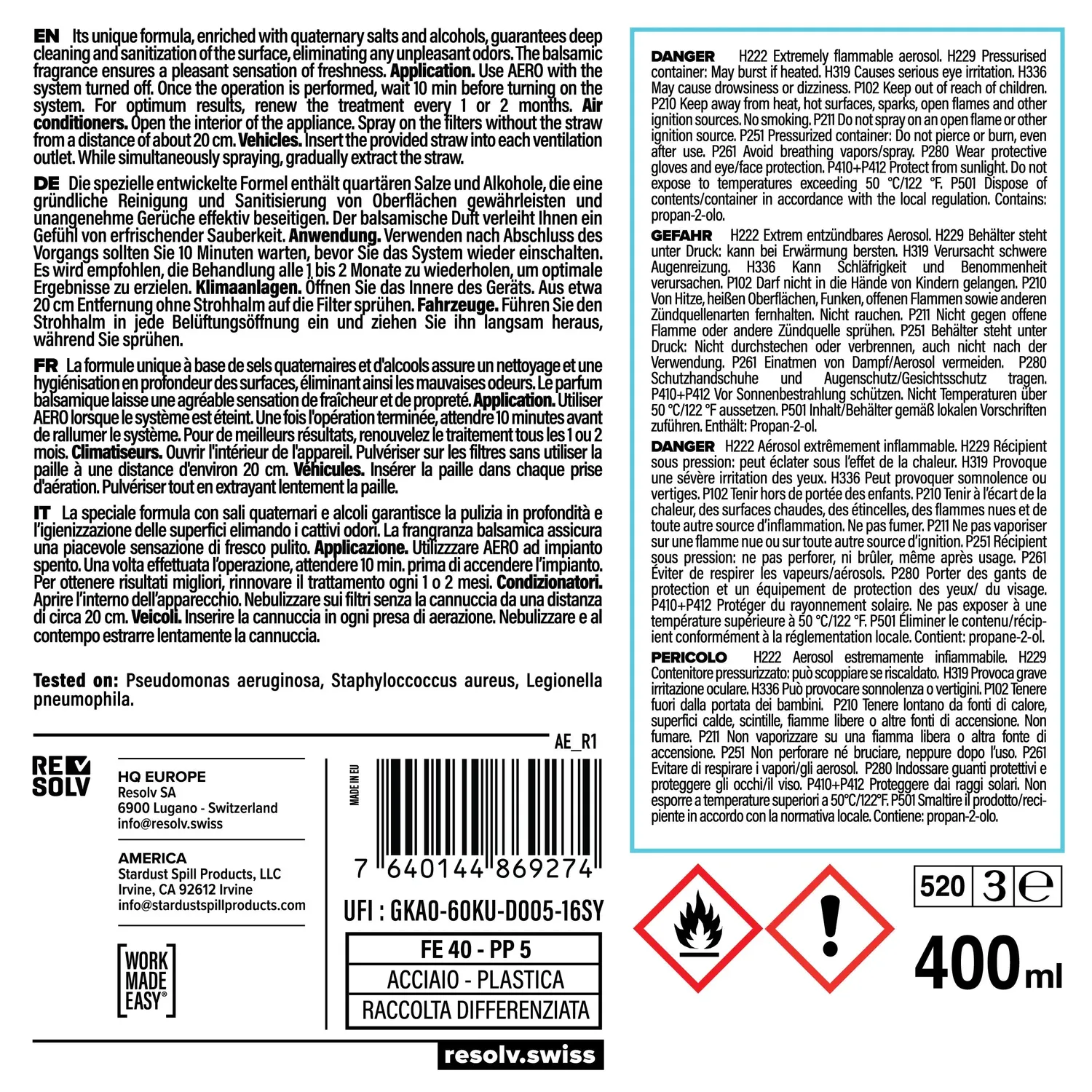 Resolv Aero igienizzante climatizzatori spray 520 ml