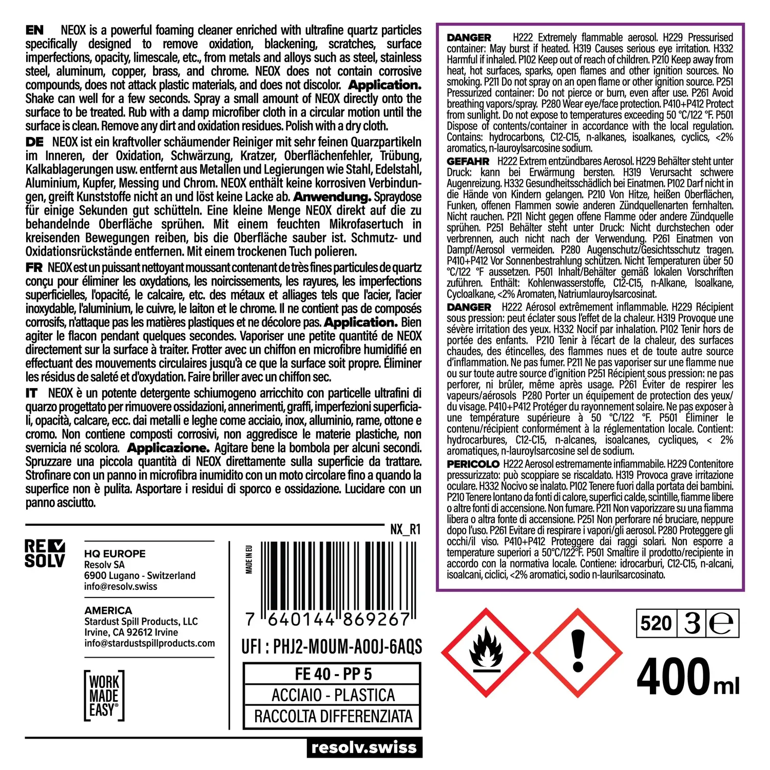 Resolv Neox polish metalli 400 ml con quarzo antiossidazione