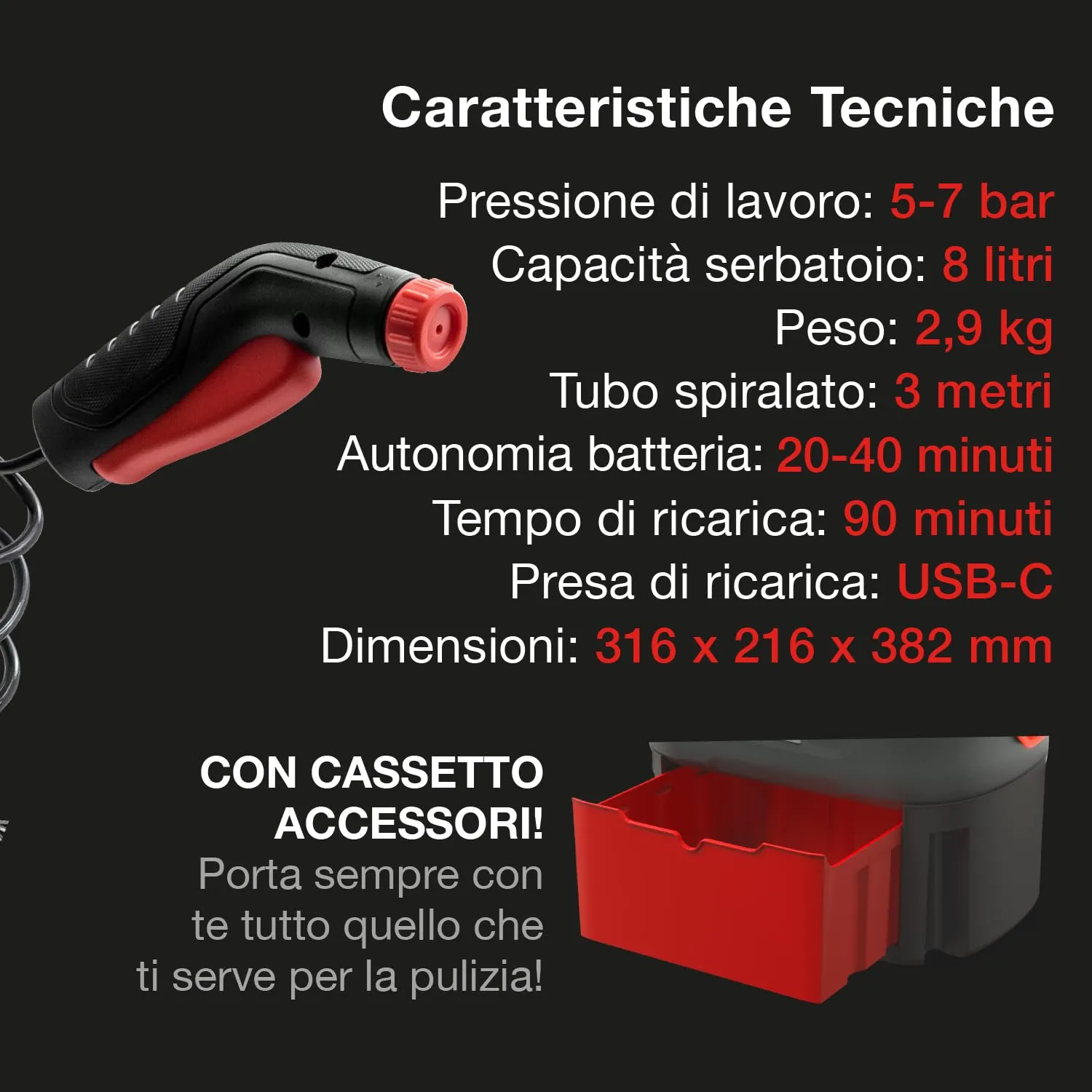 Errecom Jet Gun PRO+ idropulitrice a batteria 8L con tubo 3m
